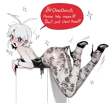 1girl absurdres ahoge ahoge_wag black_corset black_pantyhose black_shoes blush corset english_text expressive_hair high_heels highres lace lace_pantyhose lace_pantyhose_hooked_on_heel_(meme) looking_at_viewer lying meme menchi_(radon86_nya) on_stomach open_mouth original pantyhose radon86_nya shoes short_hair solo sparkle speech_bubble teeth upper_teeth_only white_background white_hair