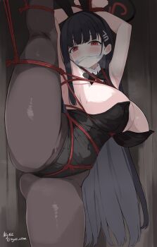 1girl animal_ears armpits arms_up ass black_bow black_bowtie black_hair black_pantyhose blue_archive blush bound bound_wrists bow bowtie breasts cleavage commentary detached_collar english_commentary gagged hair_ornament hairclip halo highres large_breasts long_hair looking_at_viewer nyne_star pantyhose playboy_bunny rabbit_ears red_eyes rio_(blue_archive) shibari solo standing standing_on_one_leg