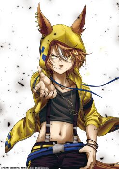 1girl absurdres animal_ears belt black_shirt blue_belt bracelet brown_hair collarbone commentary_request crop_top debris dictus_striker_(umamusume) ear_piercing earrings ears_through_headwear floating_clothes highres hood hooded_jacket horse_ears horse_girl jacket jewelry kuzumi_taiyou long_sleeves looking_at_viewer multicolored_hair navel necklace official_art piercing reaching reaching_towards_viewer shirt short_hair solo stomach suspender_pants suspenders two-tone_hair umamusume umamusume:_cinderella_gray v-neck white_background white_hair wind yellow_hood yellow_jacket