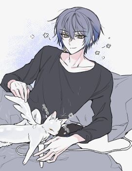 1boy bed_sheet black_shirt blue_hair cat closed_mouth collarbone commentary earrings gold_earrings gradient_hair grey_eyes grey_hair hair_between_eyes highres jewelry koyanagi_rou long_sleeves looking_down male_focus multicolored_hair mummeo_p nijisanji otomo_(koyanagi_rou) pillow shirt short_hair single_earring sitting smile solo squeans symbol-only_commentary virtual_youtuber white_background white_cat