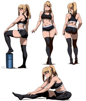 1girl absurdres ass black_thighhighs blonde_hair blue_eyes commentary dolphin_shorts english_commentary enji_masterpie high_ponytail highres long_hair metroid midriff multiple_views navel nintendo ponytail samus_aran shorts solo sports_bra stretching thighhighs toned toned_female