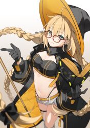Rule 34 | 1girl, aesc (fate), aesc (rain witch) (fate), ahoge, belt, black bow, black gloves, black jacket, blonde hair, blue eyes, blurry, book, boots, bow, braid, breasts, cape, cleavage, depth of field, fate/grand order, fate (series), glasses, gloves, hair bow, hat, highres, holding, holding book, jacket, long hair, looking at viewer, low twin braids, navel, red-framed eyewear, romo827, short shorts, shorts, sidelocks, smile, solo, thigh boots, thigh strap, twin braids, twitter username, white shorts, wide brim