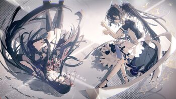 Rule 34 | 2girls, absurdly long hair, absurdres, apron, aris (blue archive), aris (maid) (blue archive), arm cutout, artist name, back bow, black boots, black choker, black dress, black hair, black serafuku, black shirt, black shoes, black skirt, blue archive, blue eyes, blue halo, blue ribbon, boots, borrowed clothes, bow, chinese commentary, chisa (wuthering waves), choker, chromatic aberration, closed mouth, clothing cutout, commentary request, crossover, dress, frilled apron, frills, from side, hair ribbon, halo, hand on own chest, highres, knee boots, lanmenji, long hair, long sleeves, maid, maid apron, maid headdress, making-of available, multiple girls, neck ribbon, number print, official alternate costume, official alternate hairstyle, pantyhose, petticoat, ponytail, profile, rectangular halo, red eyes, red ribbon, reflective surface, ribbon, rotational symmetry, sailor collar, school uniform, serafuku, shirt, shoes, short sleeves, skirt, star (symbol), thigh strap, very long hair, white apron, white bow, white pantyhose, white sailor collar, wuthering waves