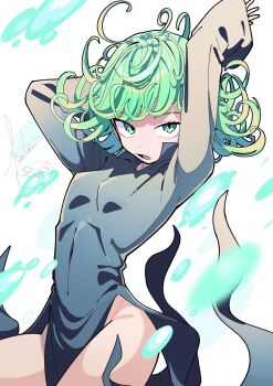 1girl arms_up black_dress curly_hair dress green_eyes green_hair hanten_(hantennano) highres one-punch_man pelvic_curtain solo tatsumaki