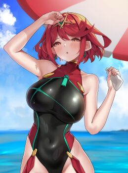 1girl bare_shoulders black_one-piece_swimsuit blush breasts chest_jewel competition_swimsuit covered_navel earrings gem headpiece highres jewelry large_breasts looking_at_viewer matrix16 one-piece_swimsuit pyra_(pro_swimmer)_(xenoblade) pyra_(xenoblade) red_eyes red_hair red_one-piece_swimsuit short_hair solo swept_bangs swimsuit tiara xenoblade_chronicles_(series) xenoblade_chronicles_2
