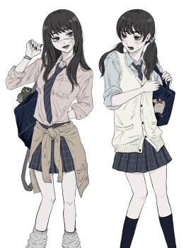 2girls :d arm_behind_back bag bag_charm black_hair black_nails blue_bag blue_necktie blue_shirt blue_skirt blue_socks blush bracelet breast_pocket breasts brown_cardigan bucky_(chainsaw_man) buttons cardigan cardigan_around_waist chainsaw_man charm_(object) clothes_around_waist diagonal-striped_clothes diagonal-striped_necktie dress_shirt eyelashes feet_out_of_frame fingernails green_eyes gyaru hair_bobbles hair_ornament hand_up hands_up head_tilt highres holding_strap iing_naoe jewelry kneehighs long_fingernails long_hair long_sleeves looking_at_another looking_to_the_side loose_socks low_twintails lower_teeth_only miniskirt mitaka_asa multiple_bracelets multiple_girls multiple_rings necklace necktie open_mouth pink_shirt pinstripe_necktie plaid_clothes plaid_skirt pocket red_eyes ring ringed_eyes scar scar_on_face school_bag school_uniform shirt shirt_tucked_in side-by-side sideways_glance simple_background skirt sleeves_rolled_up smile socks standing striped_clothes striped_necktie sweat teeth turning_head twintails vest war_devil_(chainsaw_man) white_background white_socks white_vest yoru_(chainsaw_man)