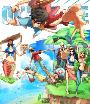 2girls 5boys absurdres antlers arms_up bag bikini bikini_top_only black_hair blonde_hair blue_shorts blue_sky breasts cleavage commentary copyright_name cross extra_arms full_body green_hair hair_over_one_eye hana_hana_no_mi hand_on_own_hip hat highres holding holding_map hood horns large_hat long_hair map monkey_d._luffy multiple_boys multiple_girls multiple_views nami_(one_piece) nico_robin one_piece open_mouth pink_sarong reindeer_antlers roronoa_zoro sanji_(one_piece) sarong satchel scar scar_on_face short_hair shorts sky stephengiannart straw_hat straw_hat_pirates swimsuit tony_tony_chopper usopp watermark