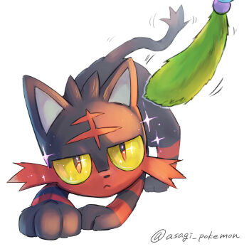 Rule 34 | animal focus, asagi tsuzumi, black fur, cat, cat teaser, colored sclera, commentary request, gen 7 pokemon, litten, motion lines, nintendo, no humans, pokemon, pokemon (creature), pokemon focus, solo, sparkle, tail, yellow sclera