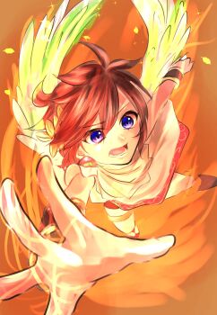 Rule 34 | 1boy, angel, angel wings, bracer, commentary request, feathered wings, gold thighlet, greco-roman clothes, highres, jewelry, kid icarus, kid icarus uprising, kot ksm, laurel crown, male focus, nintendo, open mouth, orange background, pale skin, pit (kid icarus), purple eyes, red hair, red trim, sandals, short hair, signature, thighlet, wings, yellow wings