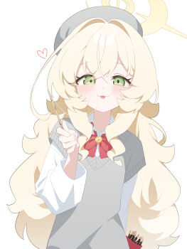 1girl absurdres arm_behind_back blonde_hair blue_archive blush bow bowtie food green_eyes grey_hat grey_sweater halo hand_up hat heart highres holding holding_food holding_pocky honi_(honi1010) long_hair long_sleeves pocky professor_niyaniya_(blue_archive) red_bow red_bowtie saliva saliva_trail shirt simple_background smile solo sweater tongue tongue_out white_background white_shirt yellow_halo
