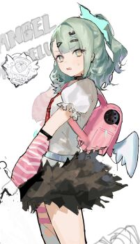 1girl bandaid bandaid_hair_ornament black_skirt chinatsu_remiel collar earrings english_text from_side fur-trimmed_skirt fur_trim green_eyes green_hair hair_ornament heart heart_hair_ornament highres jewelry looking_at_viewer multiple_hair_clips necktie open_mouth pink_arm_warmers pink_bag ponytail red_necktie shirt simple_background sketch skirt solo striped_arm_warmers sweatdrop white_background white_shirt winged_bag yuuli_(tuna221022) zenless_zone_zero