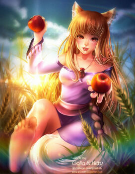 1girl animal_ears apples barefoot blush dress feet food fruit galiakiity holding holding_food holding_fruit holo kg_fantasy leg_up long_hair long_sleeves looking_at_viewer open_mouth purple_dress purple_skirt red_eyes red_hair sitting skirt smile soles spice_and_wolf sunset tail toes very_long_hair wolf_ears wolf_girl wolf_tail