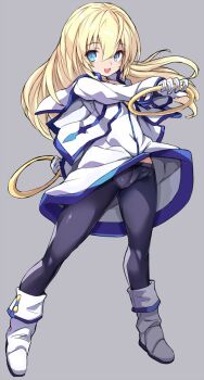 1girl :d blonde_hair blue_dress blue_eyes blue_jacket blue_pantyhose boots choker colette_brunel commentary_request crotch_seam dress full_body gloves grey_background hair_between_eyes highres holding holding_jewelry holding_ring jacket jewelry karukan_(monjya) long_hair long_sleeves looking_at_viewer midriff_peek multicolored_jacket open_clothes open_jacket open_mouth pantyhose ring simple_background smile solo standing tales_of_(series) tales_of_symphonia two-tone_dress two-tone_jacket white_boots white_dress white_gloves white_jacket yellow_choker