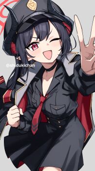 1girl artist_name black_choker black_hair black_horns blue_archive camera chiaki_(blue_archive) choker coat coat_on_shoulders commentary_request curved_horns demon_girl demon_horns halo hat highres horns looking_at_viewer multicolored_horns multiple_horns necktie one_eye_closed peaked_cap pointy_ears red_eyes red_halo red_necktie shigatsu_shizuki smile solo two-tone_horns v
