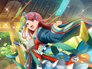 Rule 34 | 1girl, alternate hair length, alternate hairstyle, clenched hand, cosplay, floating hair, game cg, green kimono, holding, holding scroll, isurugi futaba, japanese clothes, kimono, long hair, long sleeves, looking at viewer, multicolored kimono, obi, official art, open mouth, purple eyes, red hair, sash, scroll, sei shounagon, sei shounagon (cosplay), shoujo kageki revue starlight, shoujo kageki revue starlight -re live-, solo, standing, upper body, wide sleeves