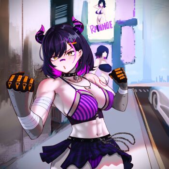 absurdres bandages bandaid bandaid_on_face bandaid_on_nose bell billboard bra breasts building car chain cityscape clenched_hands collar commentary demon_girl demon_horns ear_piercing earrings english_commentary gloves hair_ornament hairclip hand_up highres hikamio horns indie_virtual_youtuber inverted_cross_necklace jewelry jingle_bell large_breasts midriff motor_vehicle muscular muscular_female navel open_mouth panties piercing pleated_skirt purple_hair purple_horns purple_skirt rainhoe road skirt skyscraper spiked_collar spikes street striped_bra striped_clothes striped_panties thighs underbust underwear upskirt virtual_youtuber