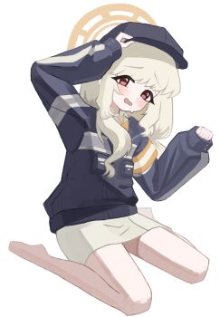 Rule 34 | 1girl, adjusting clothes, adjusting headwear, aoba (blue archive), armband, barefoot, black jacket, blonde hair, blue archive, blush, collared shirt, commentary request, halo, hand on headwear, hat, highres, jacket, long hair, long sleeves, looking at viewer, metronomechan, open mouth, pencil skirt, red eyes, shirt, simple background, sitting, skirt, sleeves past wrists, solo, wariza, white background, white skirt, yellow halo