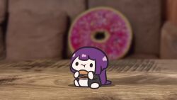 1girl :| animated burger chibi closed_mouth coat donut dress eating fern_(sousou_no_frieren) food gun long_hair music purple_hair rifle rock sidelocks solid_oval_eyes sound sousou_no_frieren superappleman tagme very_long_hair video weapon