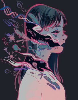Rule 34 | 1girl, bacteria, dna, eyelashes, eyeliner, feefal, from side, highres, lips, lipstick, long hair, makeup, neuron, original, procreate (medium), shirt, solo, symbolism, t-shirt, upper body