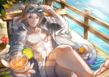 1boy bare_pectorals coat coconut_cup commentary crossed_legs cup eyewear_lift fate/grand_order fate_(series) flower food fruit grey_hair grin hammock hibiscus highres holding holding_cup lime_(fruit) lime_slice male_focus oberon_(fate) oberon_(refreshing_summer_prince)_(fate) one_eye_closed open_clothes open_coat pectorals renrenka_noi smile solo sunglasses toned toned_male watermark white_coat