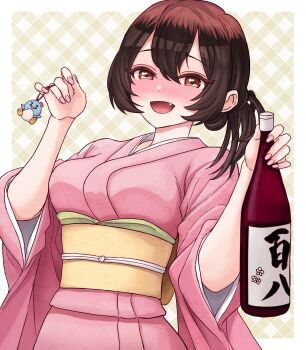 1girl :d absurdres bonnouji_momoha bottle breasts brown_eyes brown_hair chinese_commentary commentary commentary_request double-parted_bangs english_commentary fang hair_between_eyes highres holding holding_bottle japanese_clothes kimi_no_koto_ga_dai_dai_dai_dai_daisuki_na_100-nin_no_kanojo kimono large_breasts long_sleeves looking_at_viewer mixed-language_commentary nail_polish obi open_mouth pentarou_(hyakkano) pigsir13152 pink_kimono pink_nails sash simple_background smile solo upper_body wide_sleeves