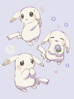 ? absurdres alternate_color alternate_form closed_eyes closed_mouth commentary droopy_ears ears_down flower gen_1_pokemon highres holding_own_ears nintendo no_humans nullma open_mouth peakychu pikachu pokemon pokemon_(creature) pokemon_focus pokemon_pokopia smile speech_bubble spoken_question_mark symbol-only_commentary tail