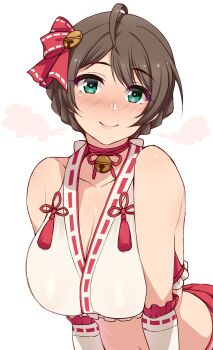 1girl ahoge bare_shoulders bikini blush braid breasts brown_hair cleavage concept_maihime_(idolmaster) elbow_gloves gloves green_eyes hair_ribbon highres idolmaster idolmaster_million_live! idolmaster_million_live!_theater_days large_breasts looking_at_viewer midriff namidame ribbon ribbon-trimmed_gloves ribbon_trim sakuramori_kaori short_hair smile solo swimsuit white_bikini