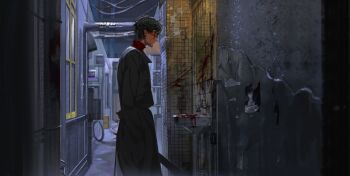 Rule 34 | 1boy, absurdres, alley, amamiya ren, baicumikuo, black coat, black hair, blood, blood on face, blood on wall, bloody sink, coat, eyewear strap, glasses, hands in pockets, highres, looking at mirror, male focus, mirror, persona, persona 5, poster (object), sink, tiles, turtleneck
