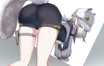 Rule 34 | 1girl, absurdres, animal ear headwear, arknights, arknights: endfield, ass, bandaid, bandaid on face, bent over, black bodysuit, blue eyes, bodysuit, cameltoe, cat girl, cat tail, chinese commentary, commentary request, estella (arknights), fake animal ears, gloves, grey gloves, grey hair, hat, hat with ears, highres, long hair, long sleeves, looking at viewer, mizuhashi parusui, partial commentary, solo, tail, white hat