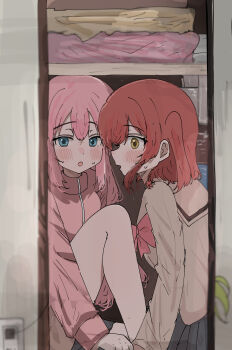 2girls absurdres blue_eyes bocchi_the_rock! bow bowtie brown_sailor_collar brown_shirt closet commentary_request gotoh_hitori highres holding_hands jacket kita_ikuyo long_hair multiple_girls one_side_up pink_bow pink_bowtie pink_hair pink_jacket red_hair sailor_collar school_uniform shirt shuka_high_school_uniform sitting sunya_(honorin-yuunibo) sweat track_jacket yellow_eyes yuri