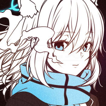 1girl animal_ear_fluff animal_ears blue_archive blue_eyes blue_scarf breath commentary_request hair_between_eyes halo highres kouji_(campus_life) long_hair looking_at_viewer mismatched_pupils monochrome parted_lips portrait scarf shiroko_(blue_archive) solo spot_color