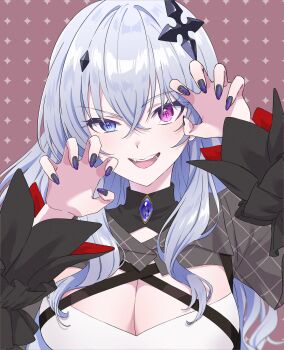 Rule 34 | 1girl, absurdres, alternate costume, black shirt, blue eyes, breasts, brown background, claw pose, cleavage, cleavage cutout, clothing cutout, fingernails, grey hair, hair between eyes, hair ornament, hands up, heterochromia, highres, jewelry, large breasts, long hair, miyadani risa, neo-porte, open mouth, pink eyes, purple nails, shirt, sidelocks, smirk, tentei forte, upper body, virtual youtuber, white shirt, wide sleeves