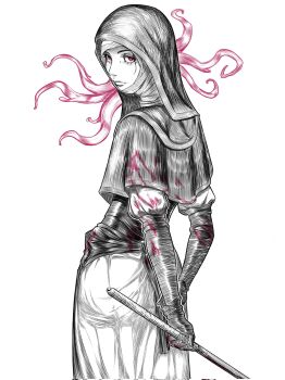 1girl arms_behind_back black_capelet black_hood blood blood_on_clothes bloody_weapon capelet coif commentary cowboy_shot elbow_gloves elden_ring elden_ring_nightreign english_commentary flanged_mace from_behind gloves hand_on_own_arm hatching_(texture) highres holding holding_mace holding_weapon lineboiaaron looking_back mace nun red_eyes solo spot_color tentacles undertaker_(elden_ring) weapon white_background white_coif