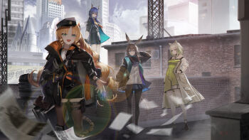 4girls absurdres amiya_(arknights) animal_ear_fluff animal_ears arknights ascot bao_(pixiv_99415611) bare_shoulders black_gloves black_jacket black_pantyhose black_shoes black_shorts blonde_hair blue_ascot blue_collar blue_eyes blue_hair blue_sky breasts brown_hair cat_ears cat_girl ch&#039;en_(arknights) chain city closed_mouth cloud cloudy_sky collar commentary cowboy_shot day dragon_girl dragon_horns dress drill_hair drill_sidelocks english_commentary expressionless flying_paper full_body gloves green_dress green_eyes green_hair hair_between_eyes hand_up highres horns infection_monitor_(arknights) jacket kal&#039;tsit_(arknights) long_hair long_sleeves looking_at_viewer miniskirt multiple_girls necktie newspaper open_clothes open_mouth orange_necktie outdoors pantyhose paper pleated_skirt rabbit_ears rabbit_girl red_eyes shirt shoes shorts sidelocks skirt sky smile standing swire_(arknights) tail tail_ornament tail_ring tiger_ears tiger_girl tiger_tail white_shirt