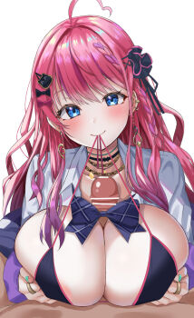 1boy 1girl ahoge aqua_nails bar_censor bear_hair_ornament bikini black_bikini black_bow black_choker black_scrunchie blue_eyes blush bow bowtie breasts censored choker closed_mouth collarbone collared_shirt earrings ebi_193 fingernails hair_bow hair_ornament hair_scrunchie hairclip highres holding_strap huge_breasts jacket jewelry kuramochi_meruto kuramochi_meruto_(school_uniform) long_hair long_sleeves looking_at_viewer mouth_hold multicolored_hair multiple_rings nail_polish nijisanji paizuri penis pink_bow pink_hair pink_jacket plaid_bow plaid_bowtie plaid_clothes purple_bow purple_bowtie purple_hair ring scrunchie shirt simple_background smile solo_focus swimsuit two-tone_hair virtual_youtuber white_background white_shirt