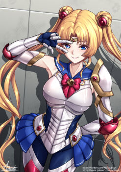 1girl adsouto arm_behind_back armor bishoujo_senshi_sailor_moon blonde_hair blue_eyes blue_sailor_collar breastplate breasts circlet elbow_gloves gauntlets gloves grin hair_ornament highres long_hair looking_at_viewer medium_breasts miniskirt sailor_collar sailor_moon shoulder_armor signature skirt smile solo tsukino_usagi twintails v v_over_eye variant_set very_long_hair
