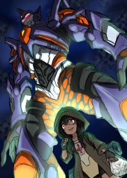 1girl anosillus_ii armor bag black_hair braid commentary dark_skin fingerless_gloves gloves glowing glowing_eyes gridknight_(ssss.gridman) gridman_universe headphones highres hood hood_up hooded_jacket jacket long_hair mafuyu_tora night red_eyes smile ssss.gridman twin_braids