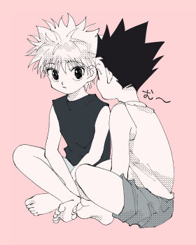 2boys barefoot gon_freecss hunter_x_hunter killua_zoldyck male_focus multiple_boys odenkong pink_background shirt short_hair shorts sitting sleeveless sleeveless_shirt spiked_hair