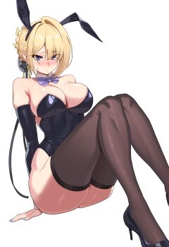 1girl absurdres aiden_(ofsb) animal_ears ass black_leotard blonde_hair blue_nails blush breasts cleavage detached_collar detached_sleeves evelyn_chevalier fake_animal_ears hair_rings high_heels highres large_breasts leotard looking_at_viewer no_mole playboy_bunny purple_eyes rabbit_ears single_hair_ring sitting strapless strapless_leotard sweat thick_thighs thighhighs thighs wide_hips zenless_zone_zero
