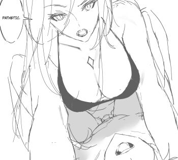 1boy 1futa absurdres anal bra breast_tattoo breasts chastity chastity_cage english_text facing_viewer futa_with_male futa_with_male futanari greyscale highres humiliation large_breasts male_penetrated mature_female monochrome original owl_ban pegging penis small_penis small_penis_humiliation snake_eyes speech_bubble tattoo underwear unfinished