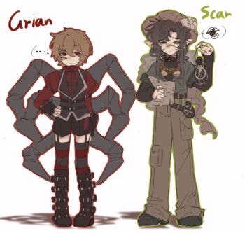 ... 2boys alternate_costume animification arthropod_boy arthropod_limbs bishounen black_shorts black_vest boots brown_hair brown_pants commentary extra_eyes garter_straps goggles goggles_around_neck goodtimeswithscar goth_fashion green_vest grian_(youtuber) hand_on_own_hip hashtag-only_commentary hat highres holding holding_lantern lanchi0226 lantern male_focus medium_hair minecraft_youtube multiple_boys ouji_fashion pants pointy_ears red_eyes scar scar_on_face short_hair shorts spider_boy striped_clothes striped_thighhighs thighhighs traffic_life_series vest white_background