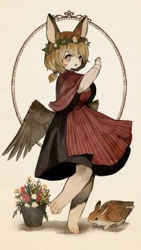 1girl absurdres animal animal_ears animal_feet animal_hands apron breasts commentary_request cryptid dress flower flower_pot flower_wreath full_body highres looking_at_viewer low_wings original personification ponytail rabbit rabbit_ears rabbit_girl sakutake_(ue3sayu) shawl short_hair short_ponytail skvader smile solo striped_apron striped_clothes winged_animal wings