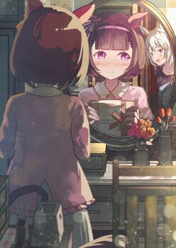 Rule 34 | 2girls, absurdres, animal ears, black shirt, blue eyes, blush, box, box of chocolates, brown hair, casual, closed mouth, commentary request, ear covers, ear flower, flower, from behind, grey hair, hair ornament, hairband, headband, highres, holding, holding box, horse ears, horse girl, horse tail, long sleeves, mirror, multiple girls, nishino flower (casual) (umamusume), nishino flower (umamusume), open mouth, overalls, pink hairband, pink shirt, purple eyes, reflection, reflection focus, seiun sky (casual) (umamusume), seiun sky (umamusume), shirt, short hair, short sleeves, single ear cover, skirt, smile, suspenders, suspenders slip, t mikuta atukim, tail, umamusume, x hair ornament