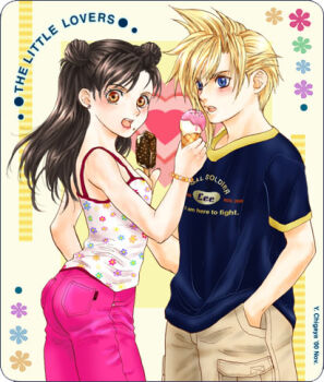 1990s_(style) 1boy 1girl alternate_breast_size alternate_costume ass breasts cloud_strife final_fantasy final_fantasy_vii food from_behind ice_cream lowres pants sharing sharing_food small_breasts standing tifa_lockhart