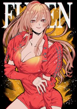 blonde_hair breasts character_name cleavage closed_mouth collarbone cow detached_sleeves furen_e_lustario hair_between_eyes hair_ornament hair_scrunchie hand_on_own_arm highres large_breasts long_hair looking_at_viewer misejyuk nijisanji ponytail puffy_short_sleeves puffy_sleeves red_eyes red_romper red_scrunchie red_sleeves romper scrunchie short_sleeves sidelocks smile virtual_youtuber