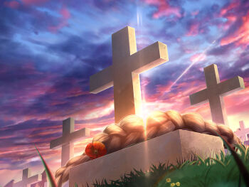 blue_sky cloud cloudy_sky daisy_(flower) flower game_asset gradient_sky grass grave graveyard magia_record:_mahou_shoujo_madoka_magica_gaiden mahou_shoujo_madoka_magica mahou_shoujo_tart_magica no_humans object_focus official_art outdoors red_flower sky sun sunlight sunset tsuduki_neko white_flower wreath yellow_sky