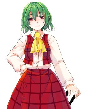 1girl ascot buttons closed_mouth closed_umbrella collared_shirt commentary_request crote green_hair hair_between_eyes hand_on_own_hip highres kazami_yuuka large_variant_set long_skirt long_sleeves looking_at_viewer open_clothes open_vest plaid_clothes plaid_skirt plaid_vest planted planted_umbrella puffy_long_sleeves puffy_sleeves red_eyes red_skirt red_vest shirt shirt_tucked_in short_hair skirt skirt_set sleeve_cuffs smile solo tachi-e touhou transparent_background umbrella variant_set vest white_shirt yellow_ascot
