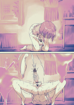 1futa absurdres anus ass ayanakitori bad_source bar_censor barefoot bent_over blush breasts censored clothes_pull cum cum_on_screen erection futanari futanari_masturbation highres indoors kneeling large_penis masturbation medium_breasts medium_penis motion_lines nipples open_mouth original pajamas penis projectile_cum pussy pussy_juice school_uniform serafuku short_hair small_breasts spread_legs sweat textless_version unworn_clothes