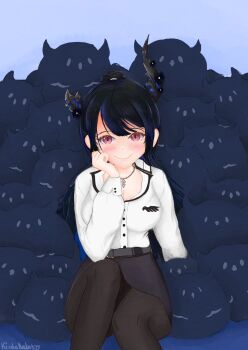 Rule 34 | alcohol, asymmetrical horns, breasts, colored inner hair, demon horns, dress suit, flower, highres, holoadvent, hololive, hololive english, horn flower, horns, jailbird (nerissa ravencroft), kinokoneko1027, large breasts, leather, leather skirt, mole, mole under eye, multicolored hair, nerissa ravencroft, nerissa ravencroft (casual), office, office lady, official alternate costume, official alternate hair length, official alternate hairstyle, pantyhose, pencil skirt, quilted jacket, skirt, soju, thigh focus, uneven horns, virtual youtuber