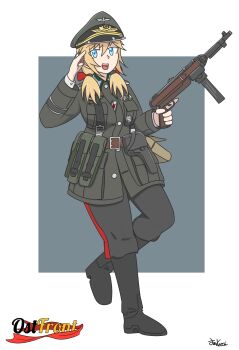 1girl artist_name belt belt_buckle blonde_hair blue_eyes boots buckle german_army german_clothes gun holding holding_gun holding_weapon holster military military_uniform mp40 nazi officer_cap officer_hat open_mouth original pants phenol_r ribbon salute submachine_gun trigger_discipline twintails weapon world_war_ii